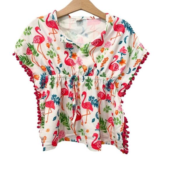 Swim Cover Up Flamingo and Tropical Print Pink, Ivory, Green 2T - Picture 2 of 6